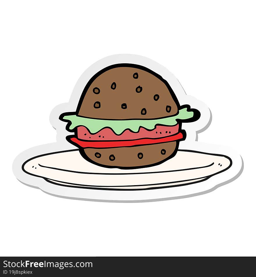 Sticker Of A Cartoon Burger On Plate