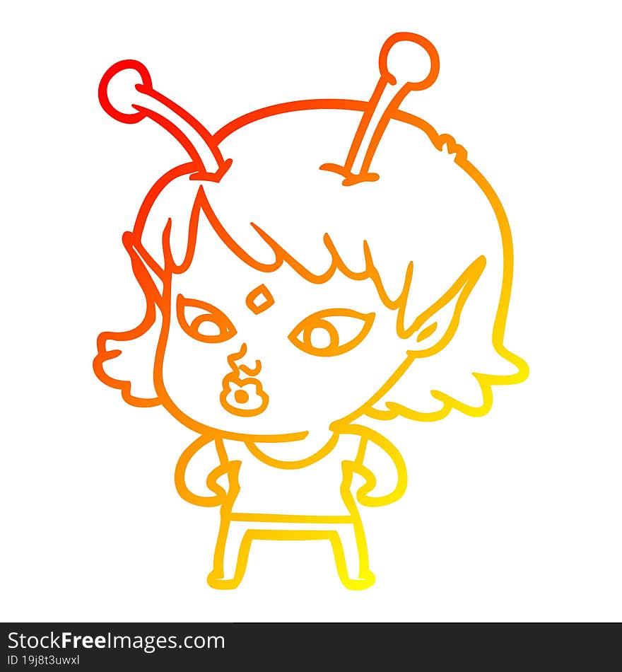 warm gradient line drawing pretty cartoon alien girl