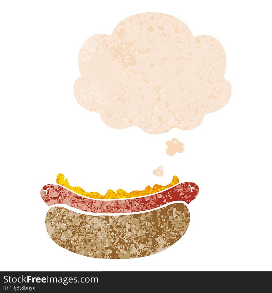 cartoon hotdog and thought bubble in retro textured style