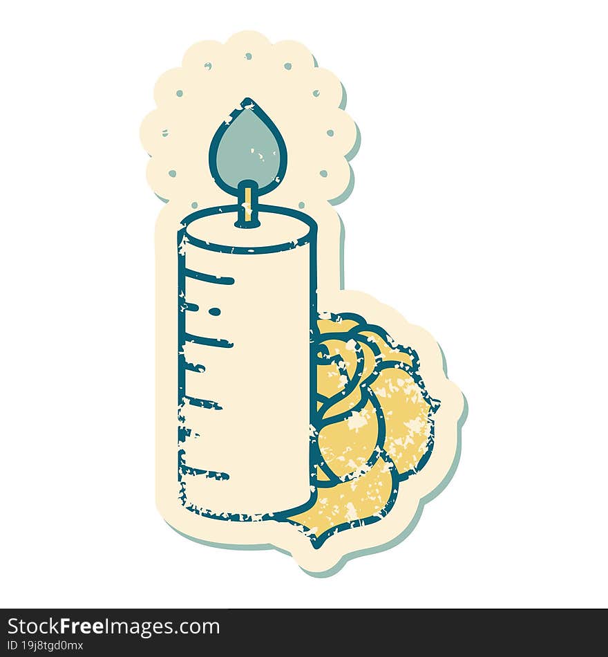 distressed sticker tattoo style icon of a candle and a rose