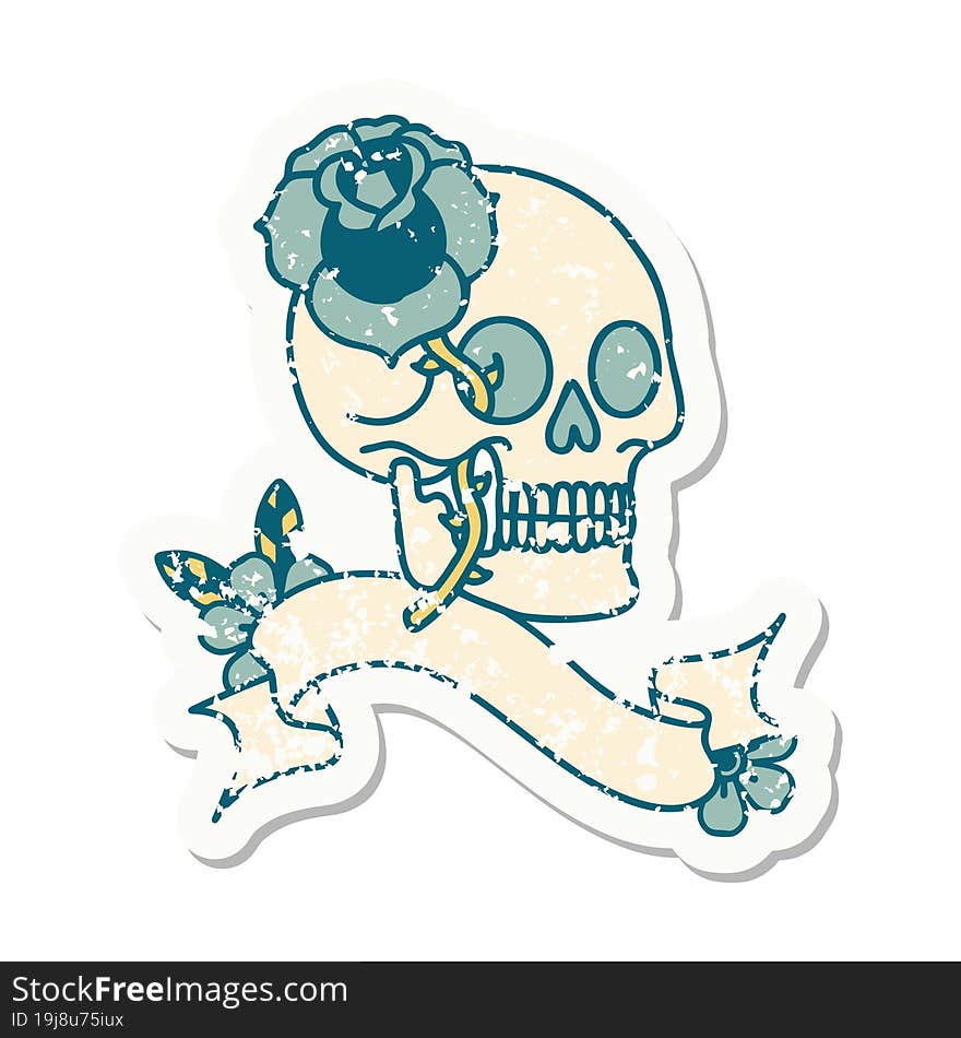 Grunge Sticker With Banner Of A Skull And Rose