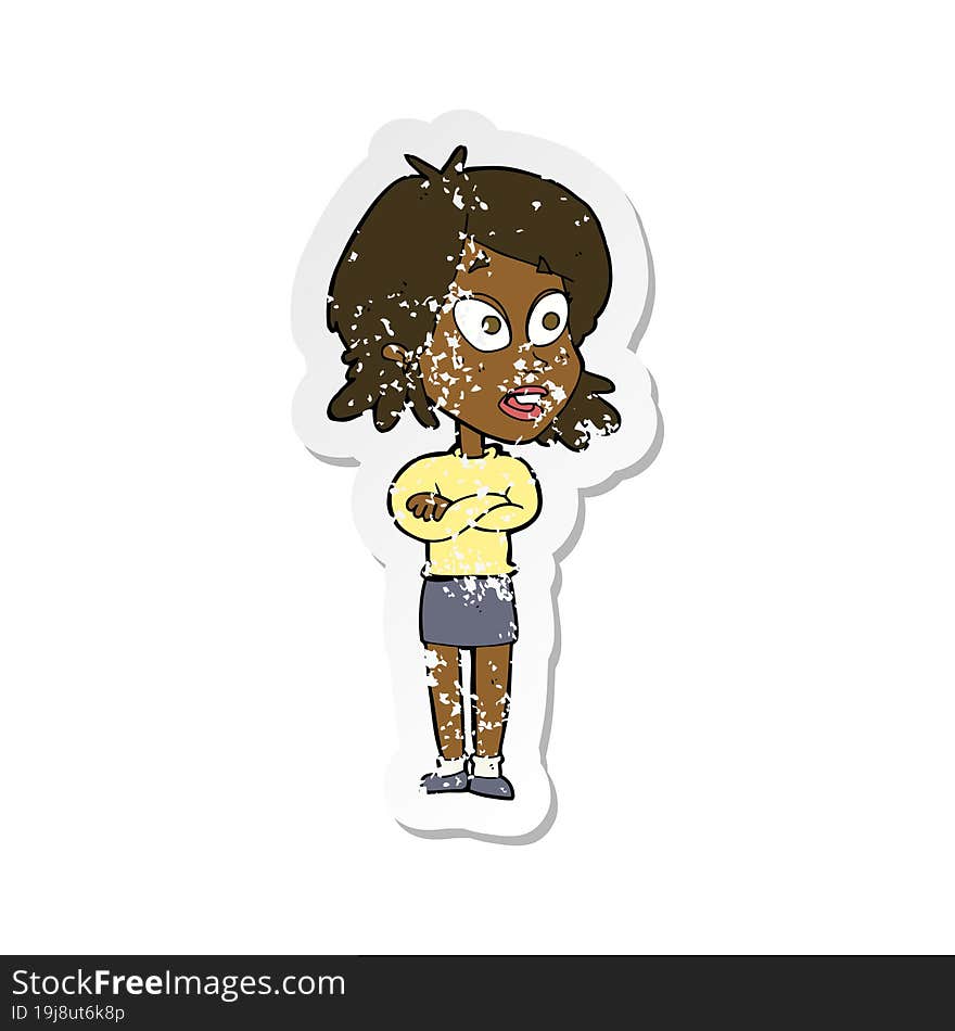 retro distressed sticker of a cartoon surprised woman