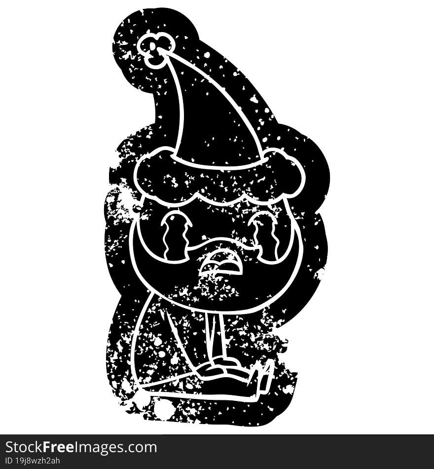 Cartoon Distressed Icon Of A Bearded Man Crying Wearing Santa Hat