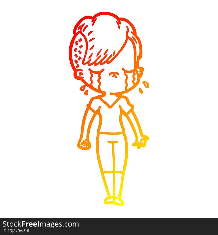 warm gradient line drawing of a cartoon crying girl