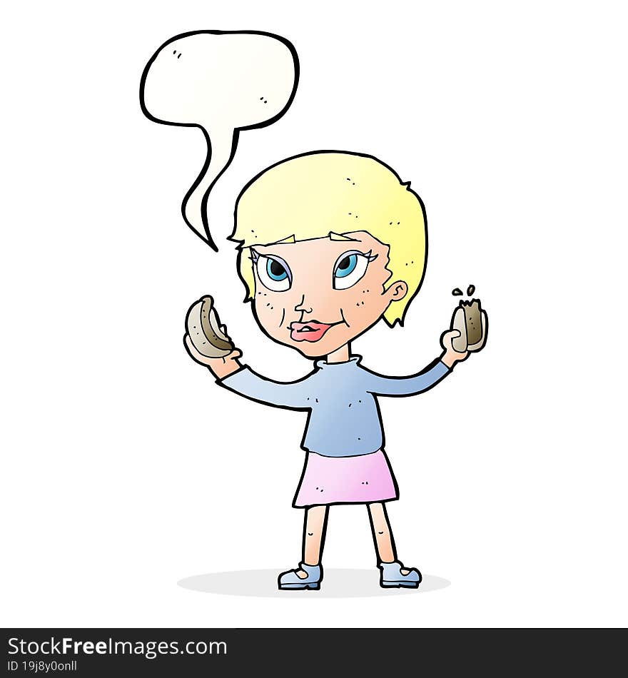 cartoon woman eating hotdogs with speech bubble