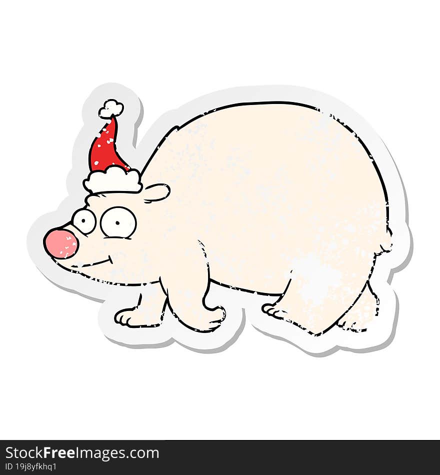 distressed sticker cartoon of a walking polar bear wearing santa hat