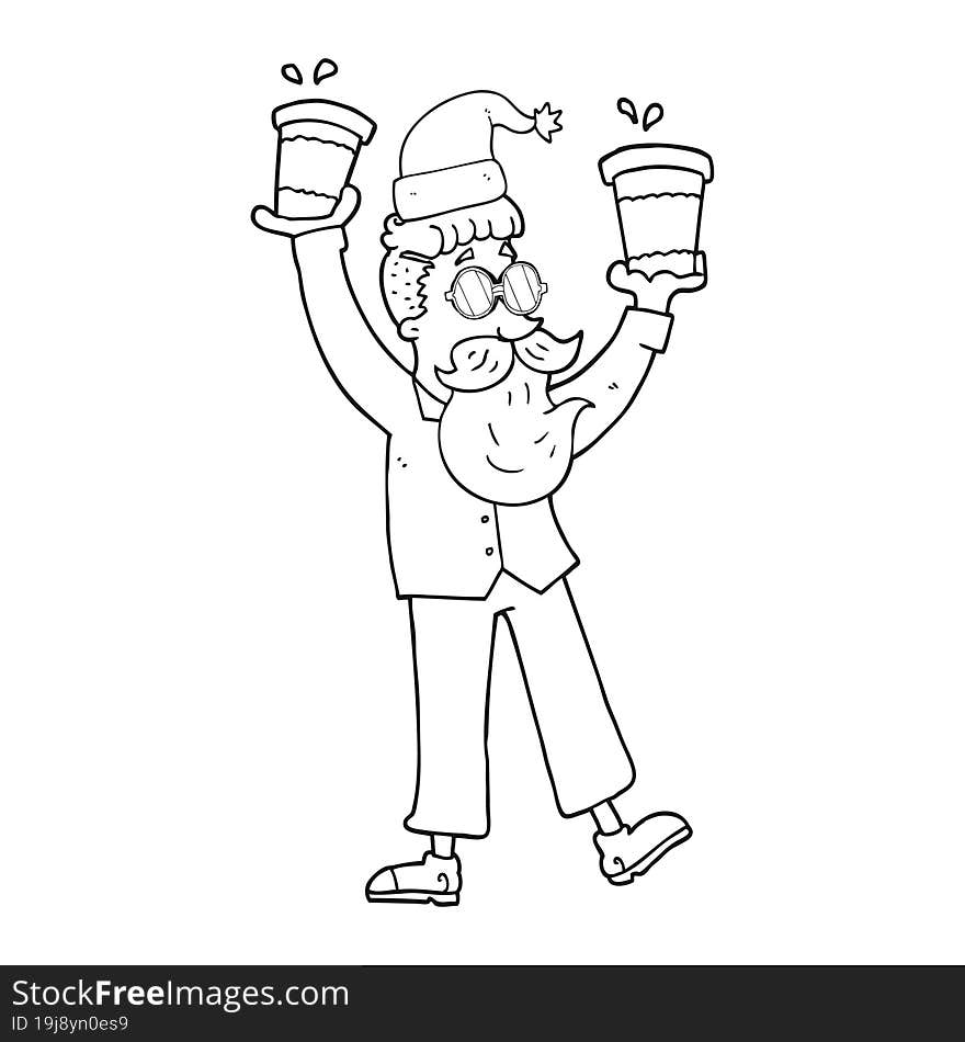 Black And White Cartoon Man With Coffee Cups At Christmas