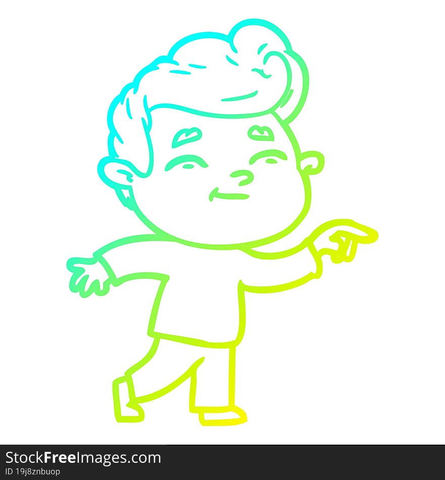 cold gradient line drawing of a happy cartoon man pointing