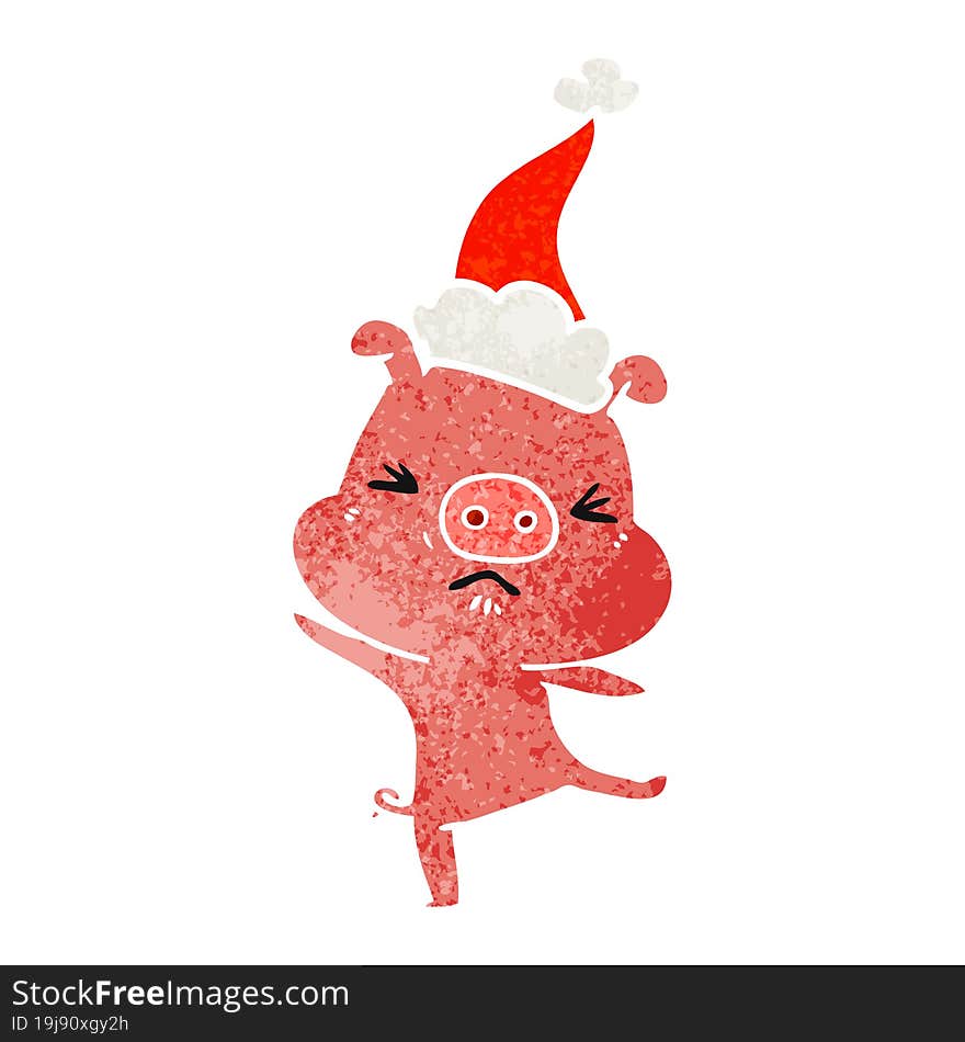 retro cartoon of a furious pig wearing santa hat