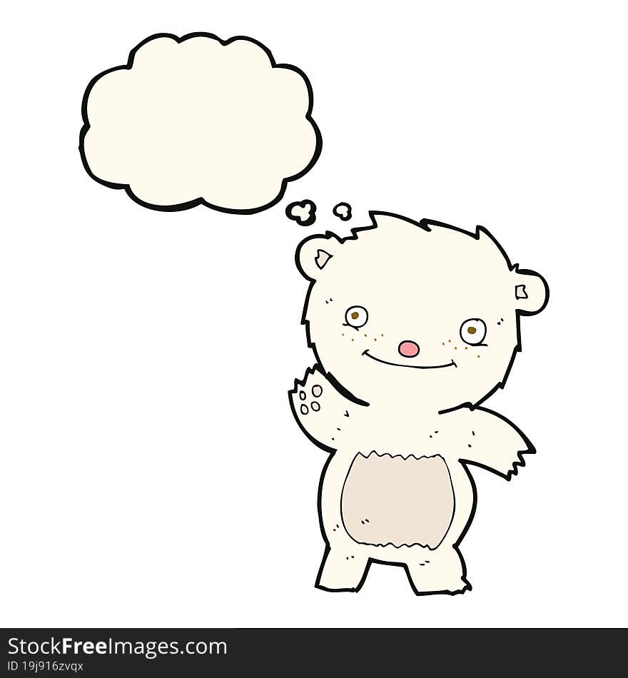 cartoon waving polar bear cub with thought bubble