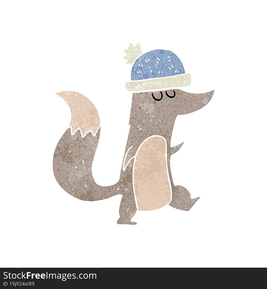 retro cartoon little wolf wearing hat