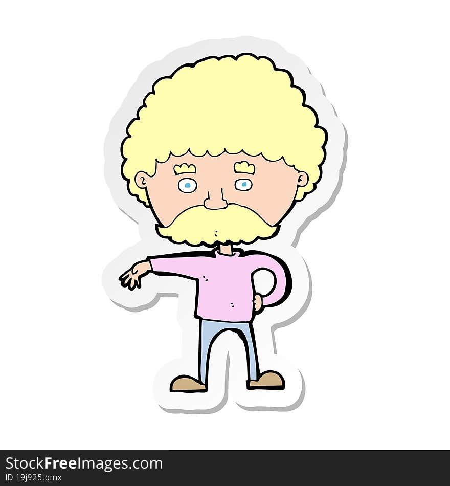 sticker of a cartoon man with mustache making camp gesture