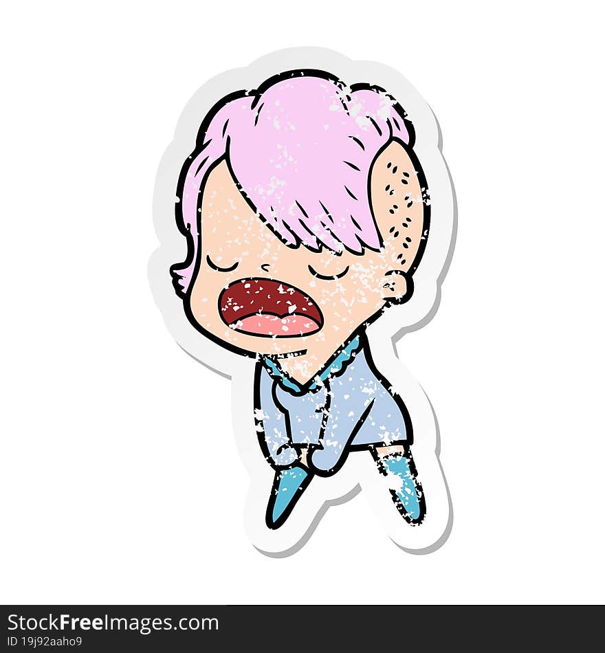 distressed sticker of a cartoon cool hipster girl talking