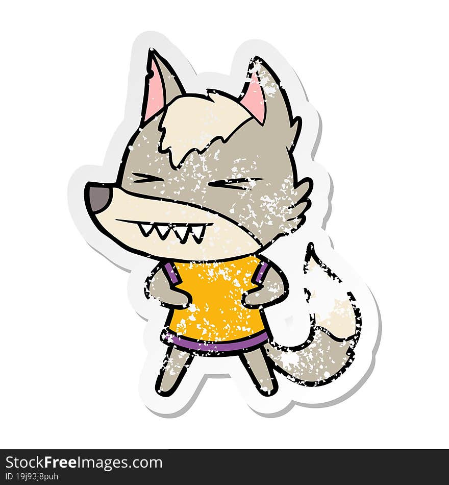 Distressed Sticker Of A Angry Wolf Cartoon