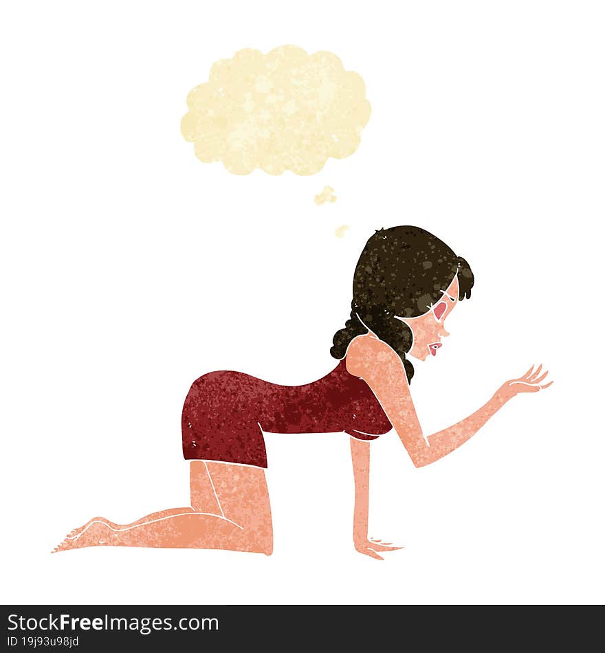 cartoon woman on all fours with thought bubble