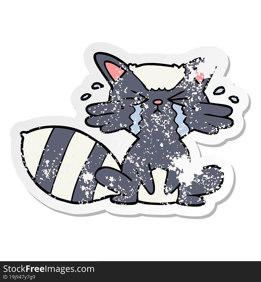 distressed sticker of a cartoon raccoon crying