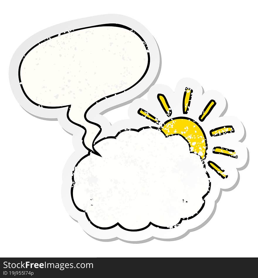 cartoon sun and cloud symbol and speech bubble distressed sticker