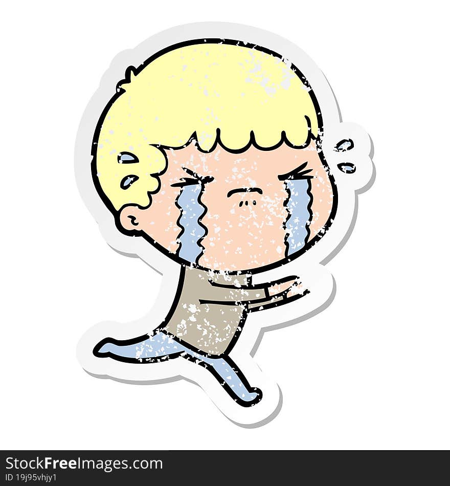 distressed sticker of a cartoon man crying