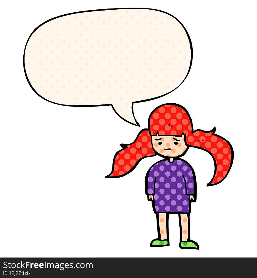 Cartoon Girl And Long Hair And Speech Bubble In Comic Book Style