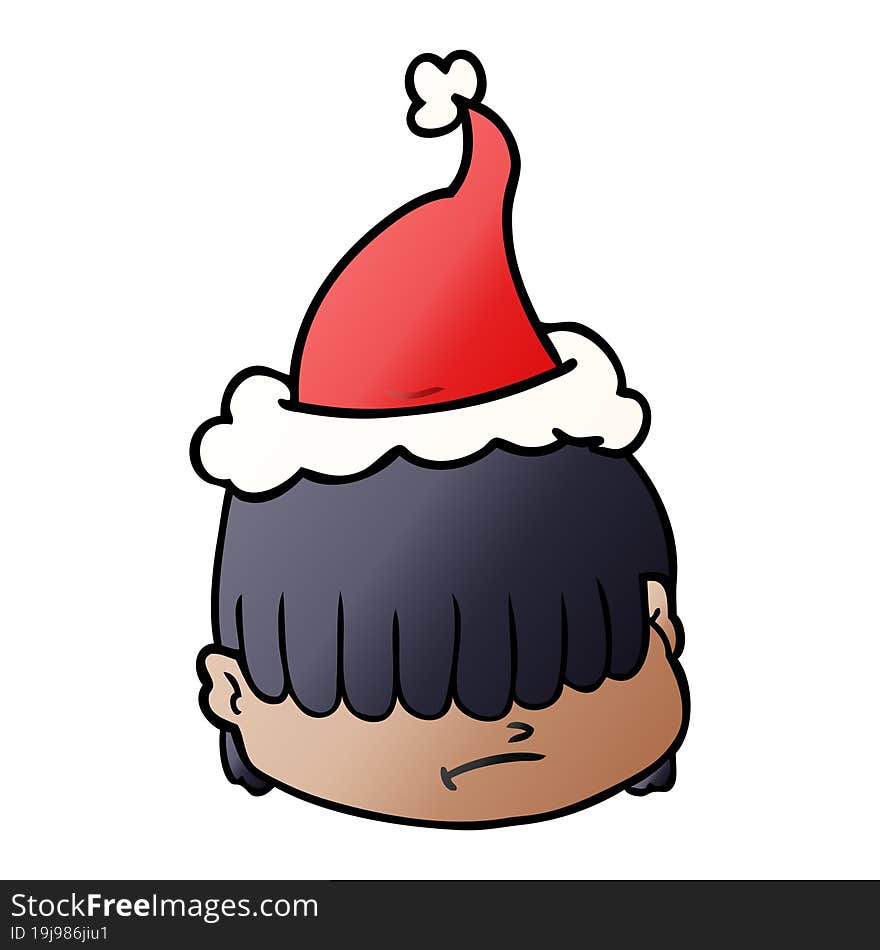 gradient cartoon of a face with hair over eyes wearing santa hat