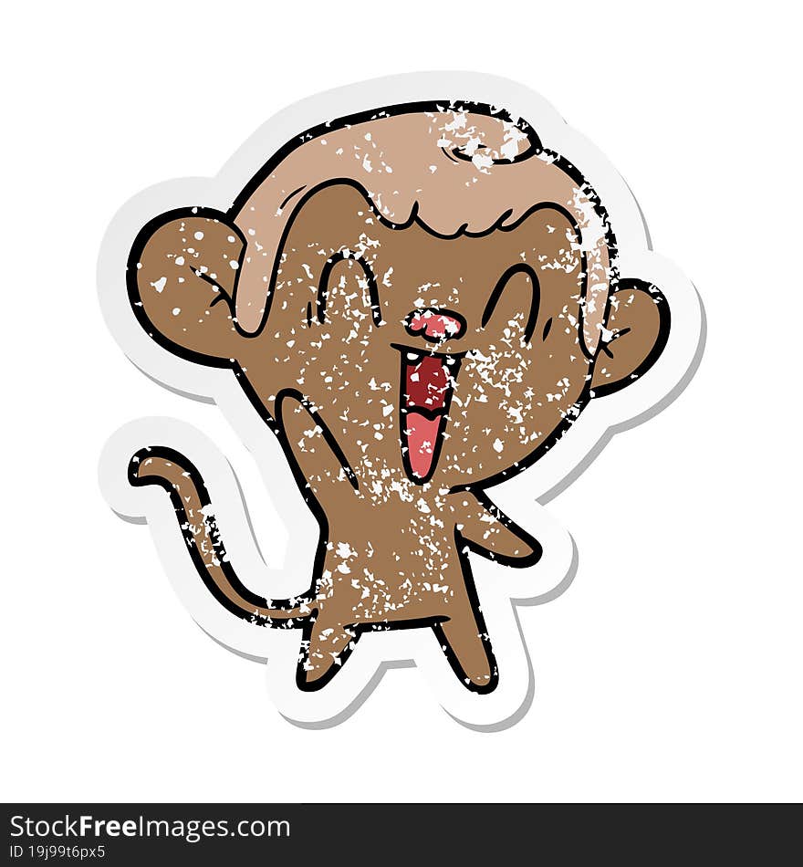 distressed sticker of a cartoon laughing monkey