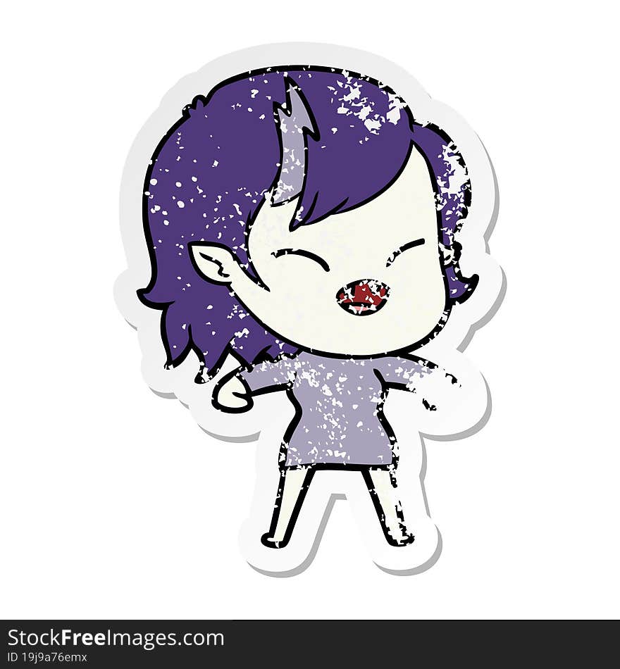 distressed sticker of a cartoon laughing vampire girl