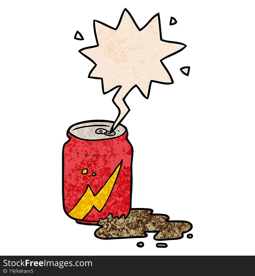 cartoon can of soda with speech bubble in retro texture style