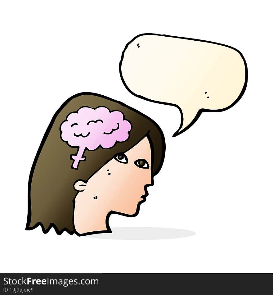 Cartoon Female Head With Brain Symbol With Speech Bubble