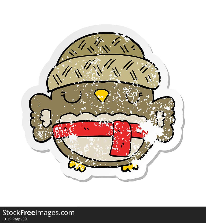 distressed sticker of a cute cartoon owl in hat