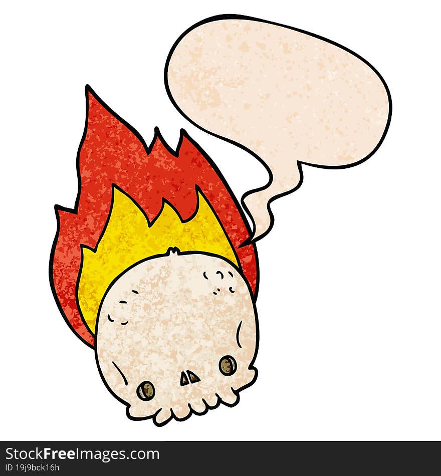 spooky cartoon flaming skull and speech bubble in retro texture style