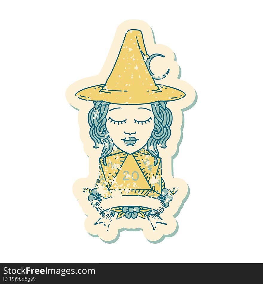 Retro Tattoo Style human witch with natural twenty dice roll. Retro Tattoo Style human witch with natural twenty dice roll