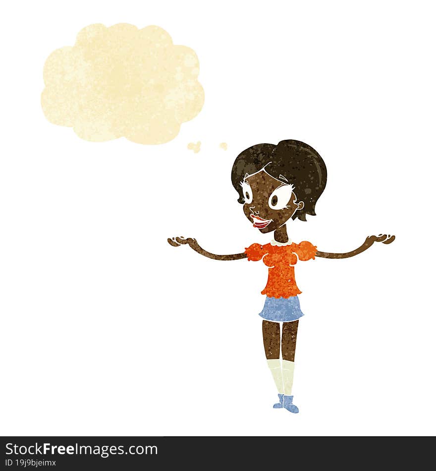 cartoon woman with arms spread wide with thought bubble