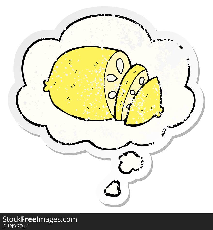 cartoon sliced lemon and thought bubble as a distressed worn sticker