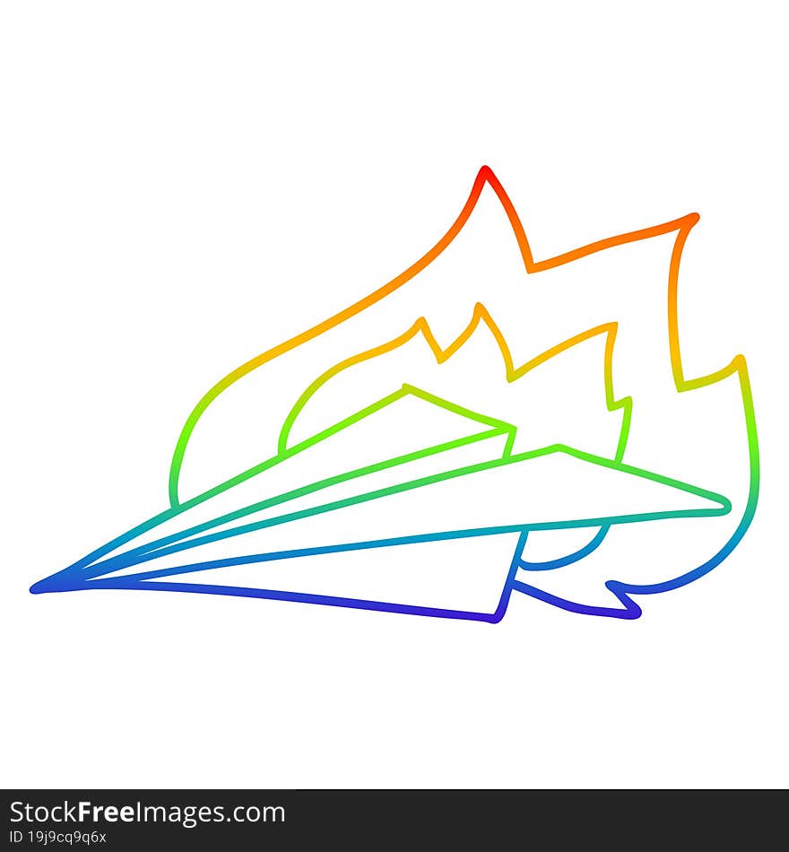 rainbow gradient line drawing of a cartoon burning paper airplane