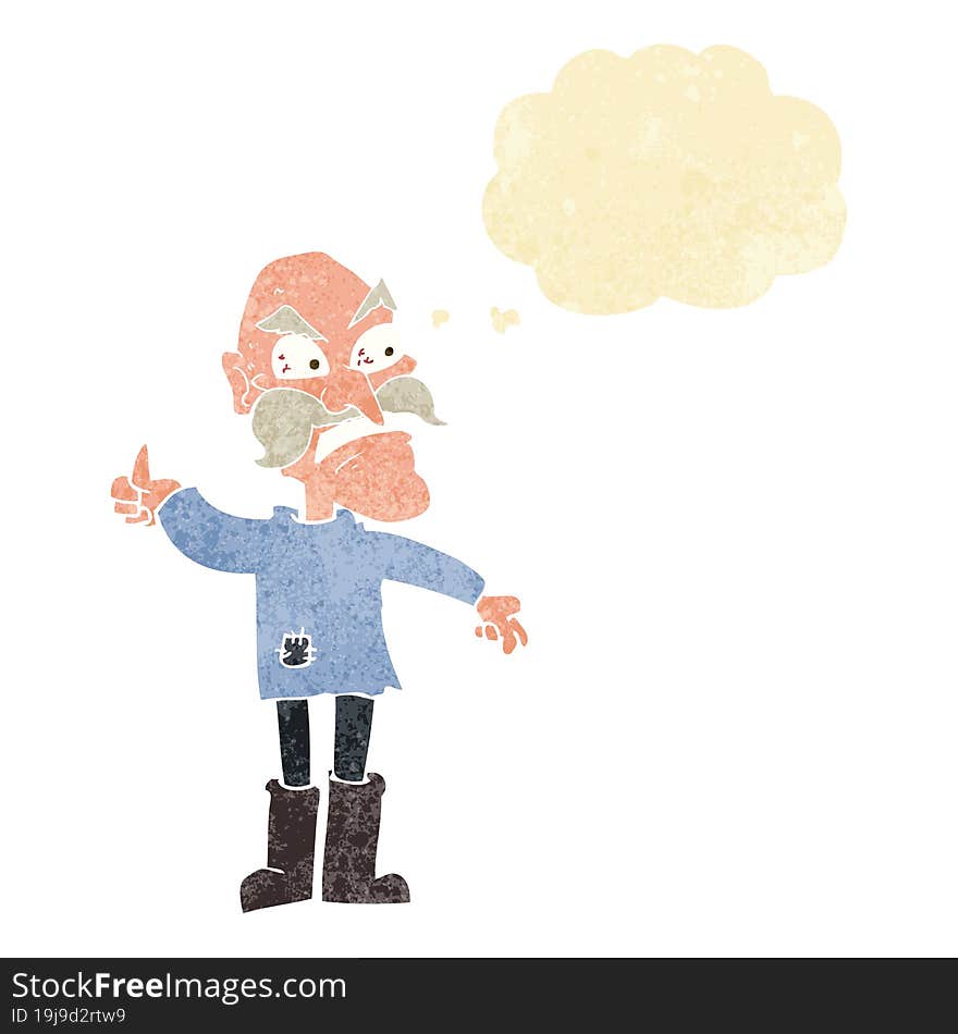 cartoon angry old man in patched clothing with thought bubble