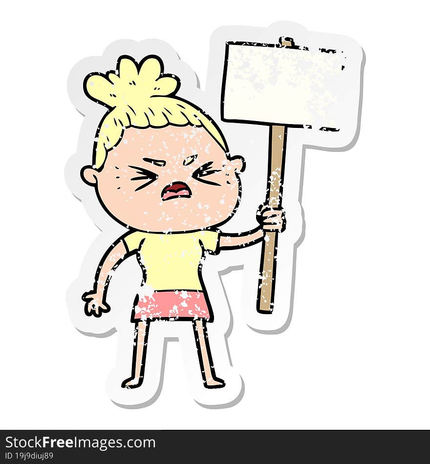 Distressed Sticker Of A Cartoon Angry Woman