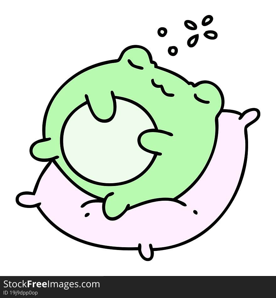 cartoon of a cute frog sleeping on a pillow