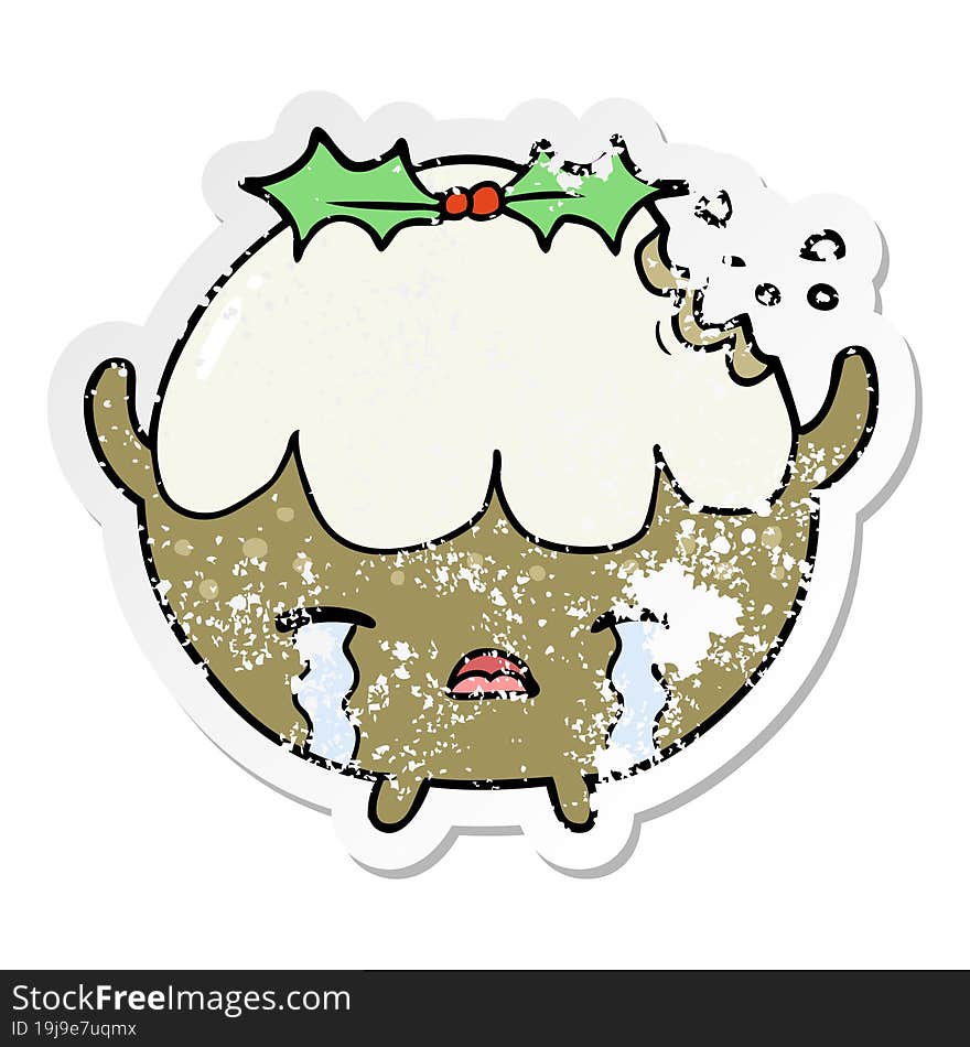 distressed sticker of a cartoon chrstmas pudding