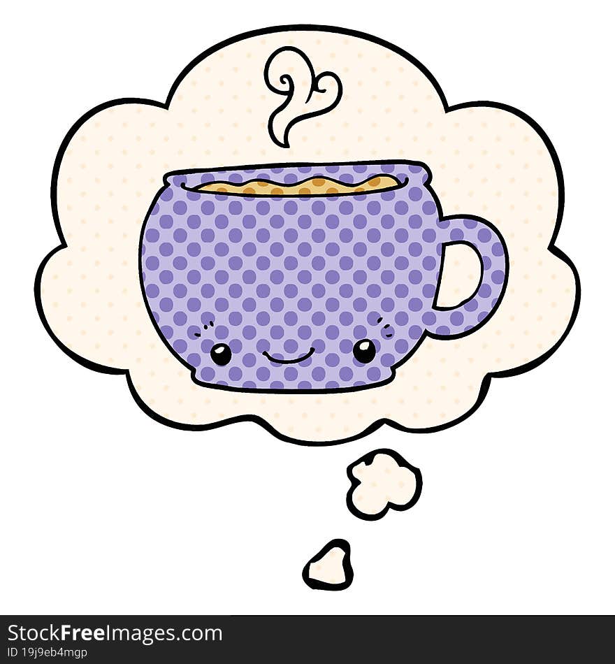 cartoon hot cup of coffee with thought bubble in comic book style