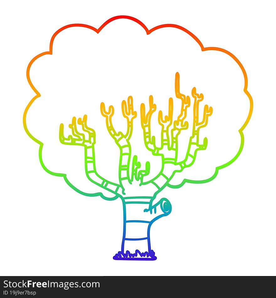 rainbow gradient line drawing of a cartoon tree