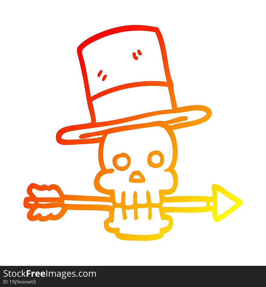 warm gradient line drawing cartoon skull with top hat and arrow