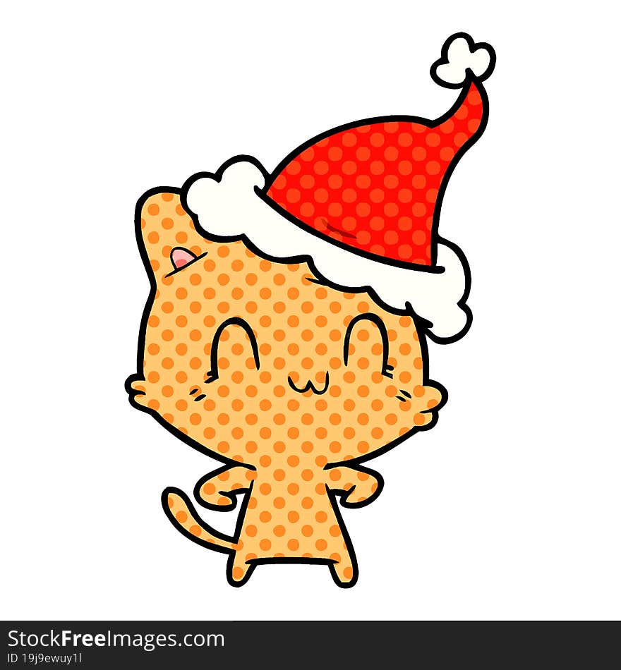 comic book style illustration of a happy cat wearing santa hat