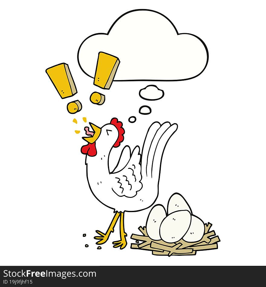 cartoon chicken laying egg with thought bubble