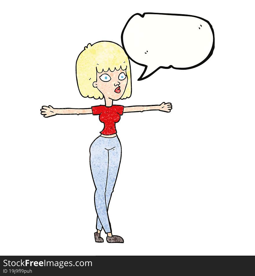 speech bubble textured cartoon woman spreading arms