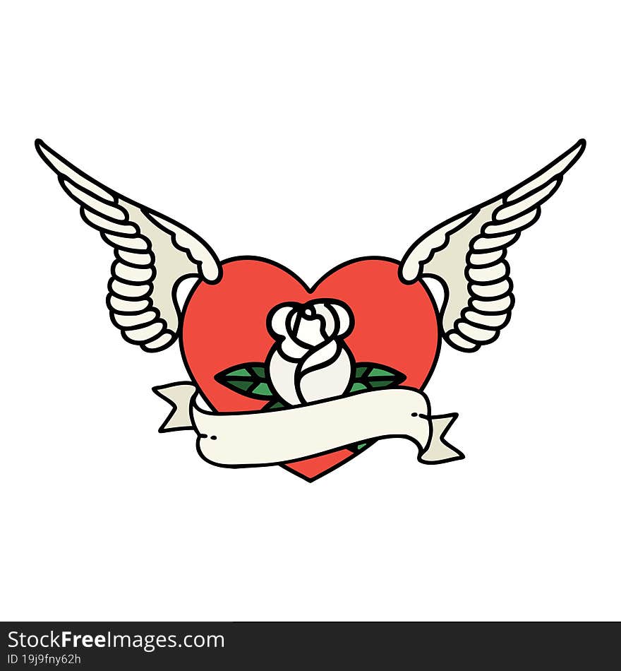 tattoo in traditional style of a flying heart with flowers and banner. tattoo in traditional style of a flying heart with flowers and banner