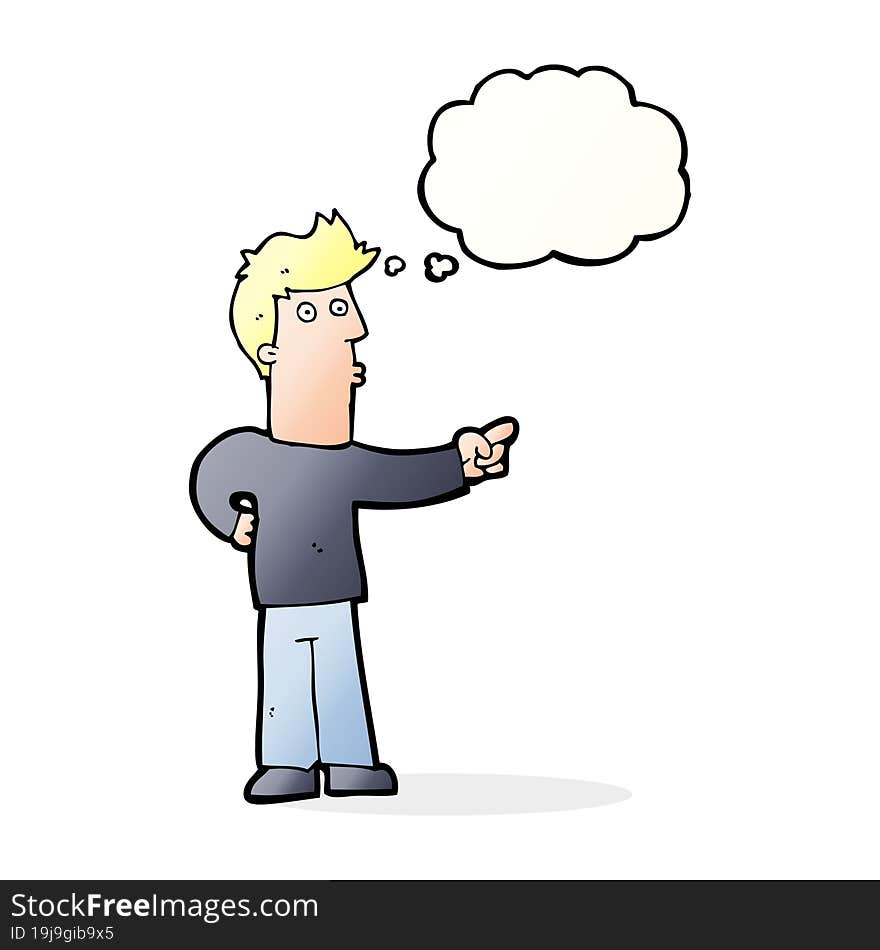 cartoon curious man pointing with thought bubble