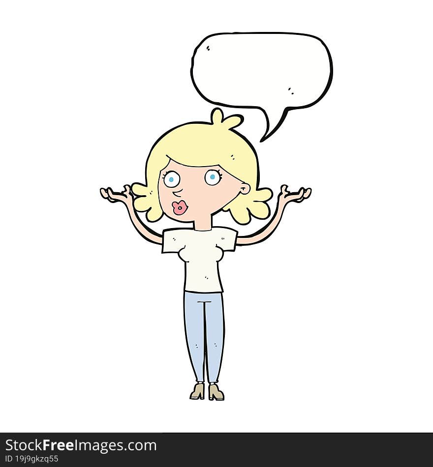 cartoon woman throwing arms in air with speech bubble