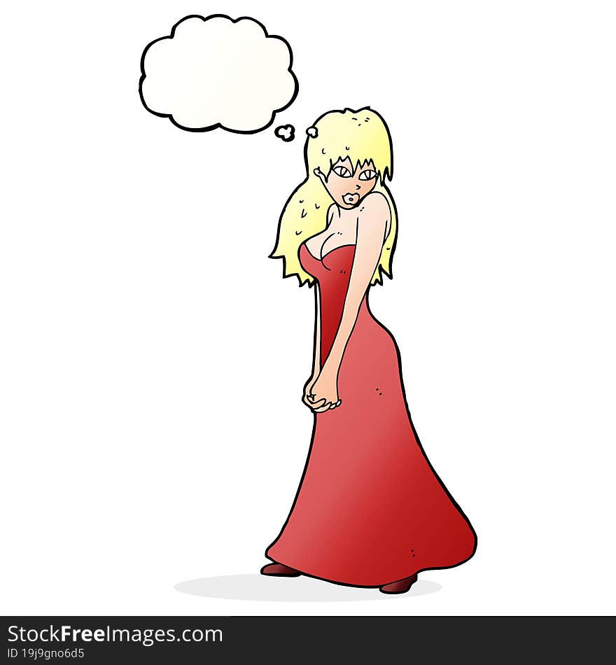 cartoon pretty woman in dress with thought bubble