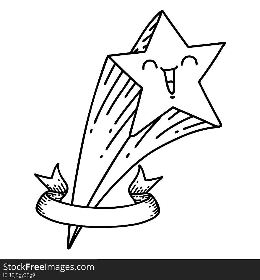 scroll banner with black line work tattoo style shooting star