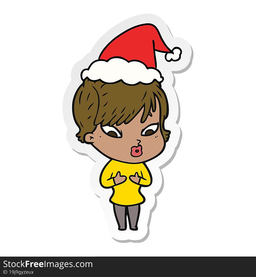 hand drawn sticker cartoon of a woman wearing santa hat